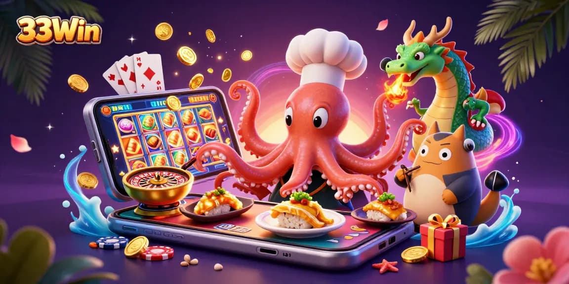 Engage with 33Win's exciting casino illustration showcasing vibrant games and dynamic characters.