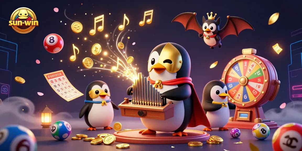Engage with exciting sun-win gaming visuals featuring a whimsical penguin and dynamic casino elements.