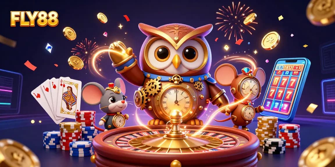 Experience FLY88's thrilling casino vibe with a time-traveler owl and vibrant gaming elements.