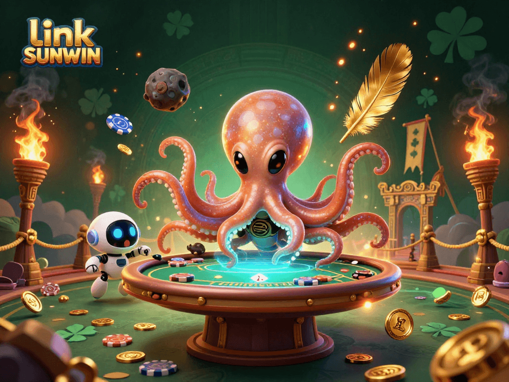 Experience fun gaming with link SUNWIN as alien octopus and robot companion engage in holographic poker!