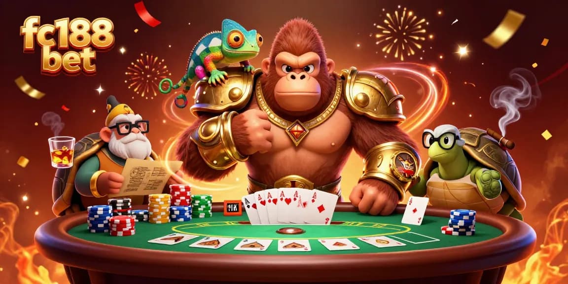 Experience the thrilling action at fc188 bet with a powerful gorilla king and vibrant poker scene.