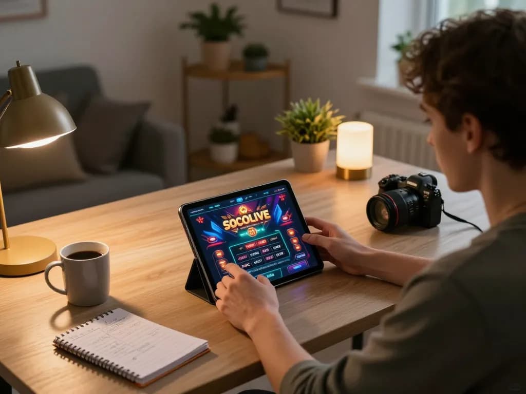 SOCOLIVE user engaging in strategic online gaming at a modern home setup, showcasing tablet and notes.