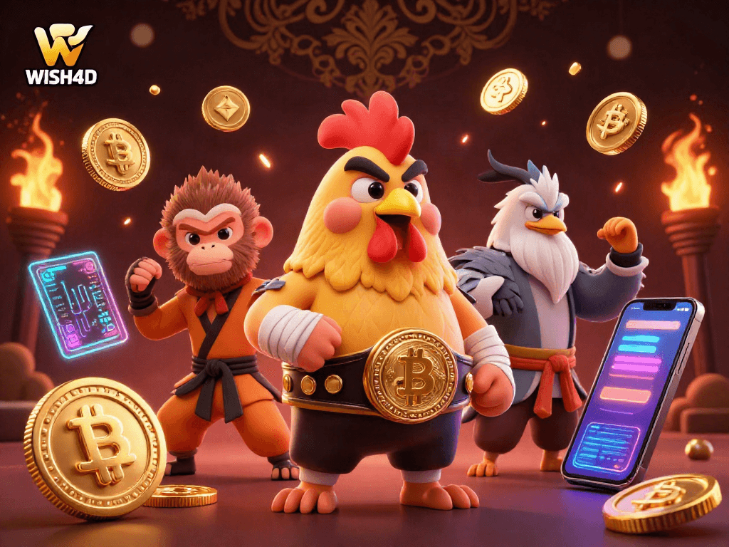 WISH4D showcases a dynamic scene with a Muay Thai rooster and a Shaolin monkey at a vibrant crypto casino.