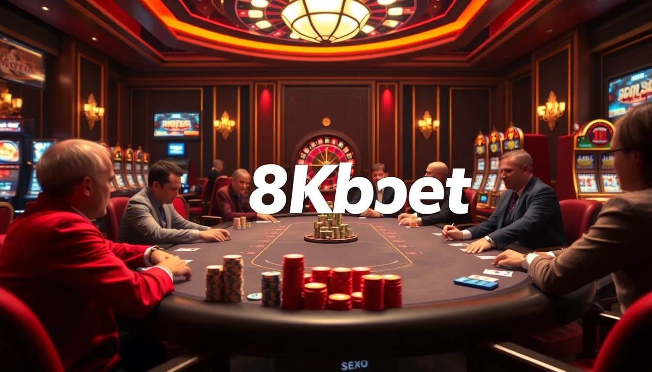 Experience thrilling poker action at 8kbet's luxurious casino table with colorful chips.