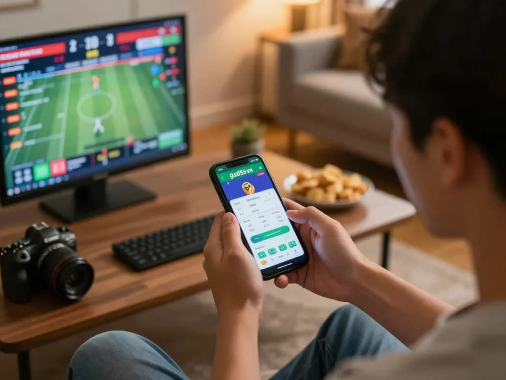 Person focused on god55vn betting app in a cozy living room, enjoying online sports betting