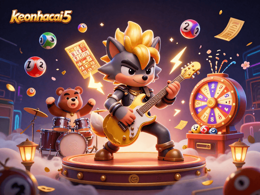 Experience the vibrant action of keonhacai5 with a cartoon wolf rock star on stage amid bouncing lottery elements.