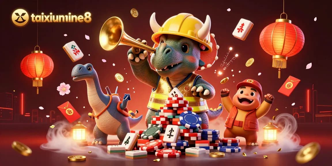 Experience thrilling gaming with taixiuonline8 as a 3D triceratops builds poker chips in a vibrant casino.
