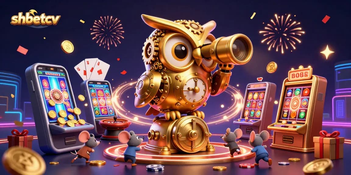 Engage with shbetcv's vibrant casino atmosphere featuring a golden owl, lively patrons, and dynamic games.