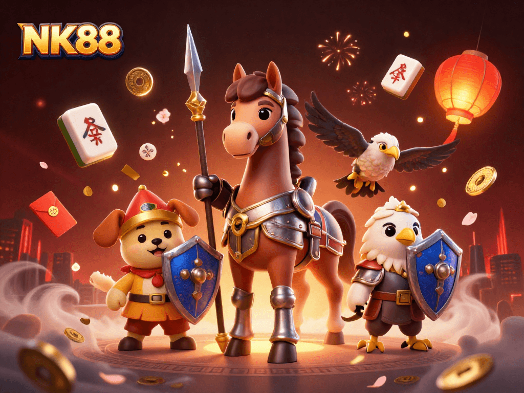 Engage in thrilling gameplay at NK88 with medieval knight and treasures in a vibrant casino scene.