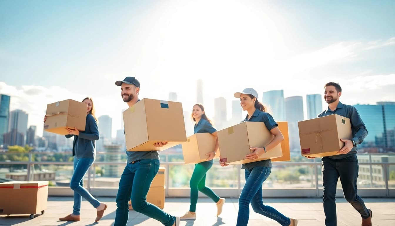 Calgary movers efficiently transporting boxes amidst the Calgary skyline, showcasing professionalism and teamwork.