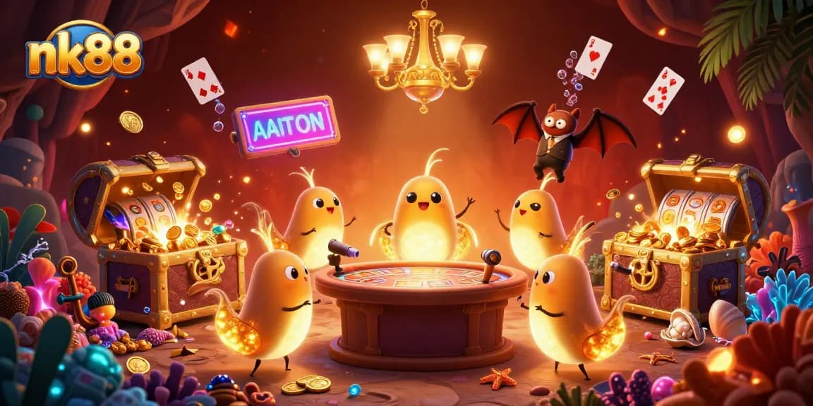 Experience thrilling gameplay at nk88 with a vibrant cave casino illuminated by glowworms, slot elements, and a bat dealer.