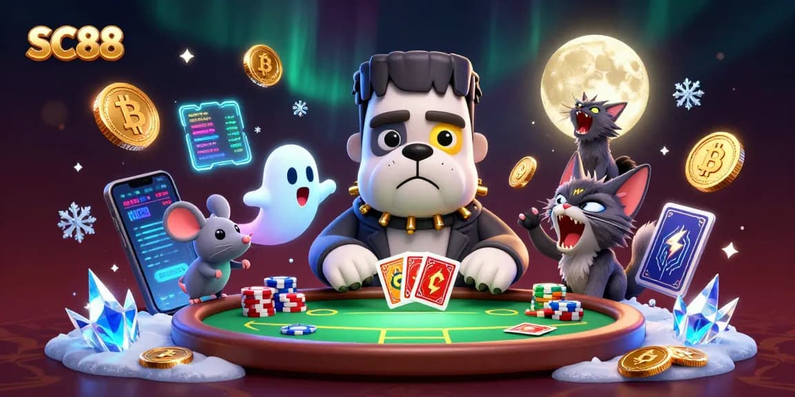 SC88 poker scene with a Frankenstein bulldog monster and mystical elements creating an engaging atmosphere.