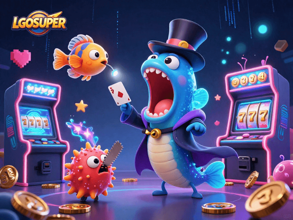 Experience magic at LGOSUPER with a deep-sea eel magician performing dazzling card tricks amidst vibrant gambling themes.