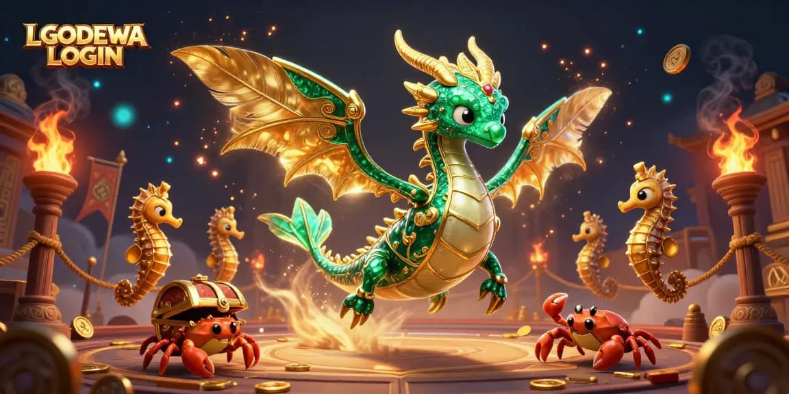Engage with LGODEWA LOGIN for an immersive experience, featuring a dragon amidst gambling treasures.
