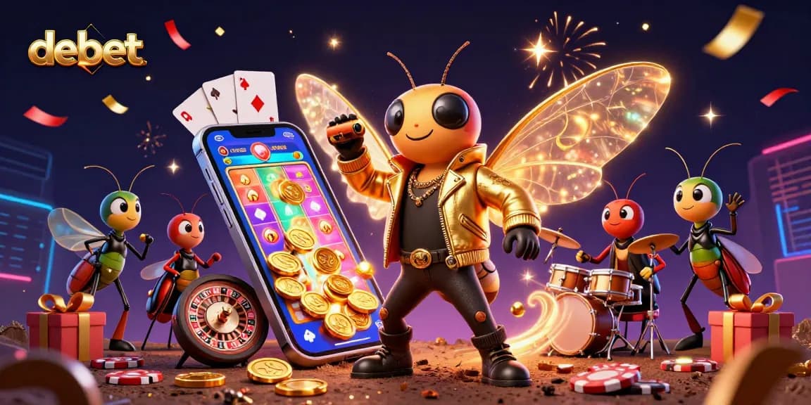 Play exciting games on debet with a vibrant casino scene featuring a cicada rock star and dynamic elements.