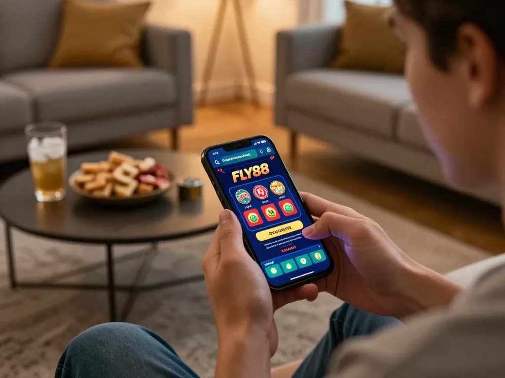 Engaging with FLY88 casino app on smartphone while enjoying a cozy home gaming atmosphere.