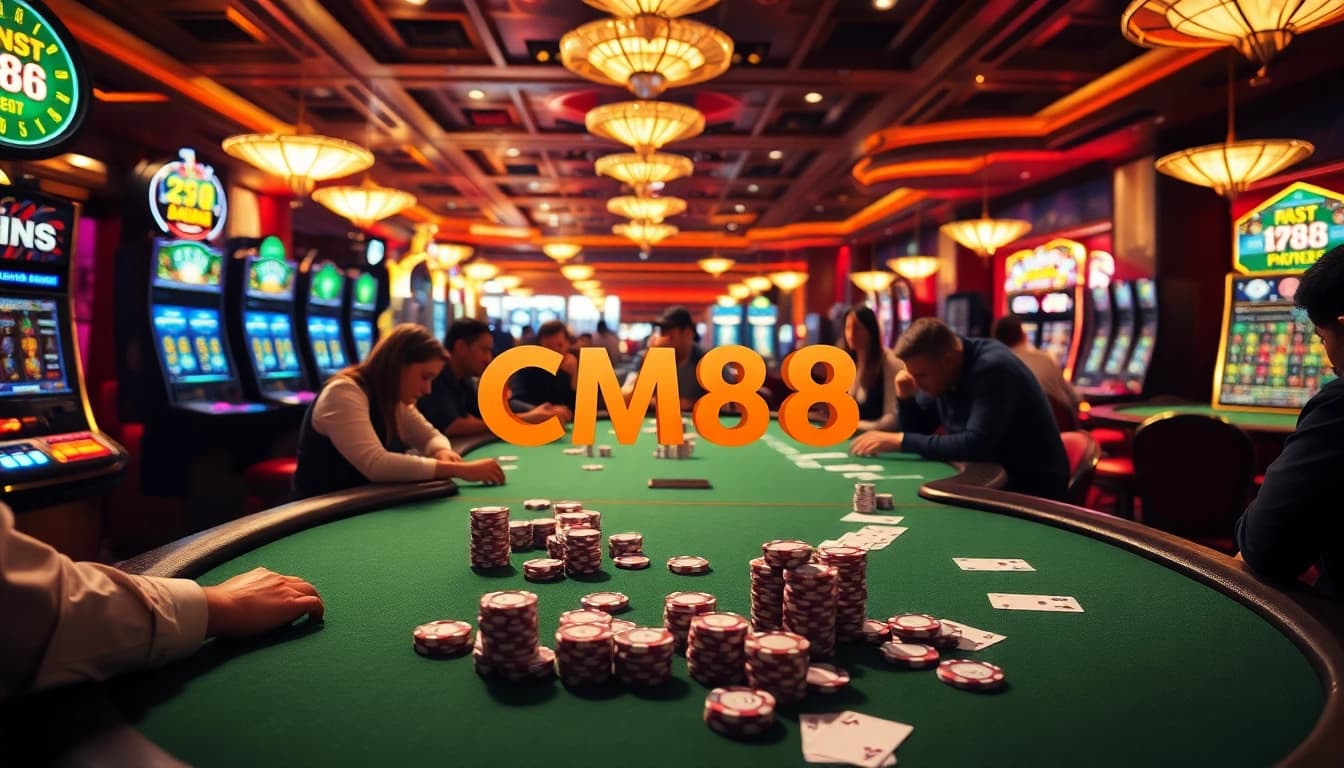 Experience excitement at CM88's casino, featuring poker chips and players at roulette tables.