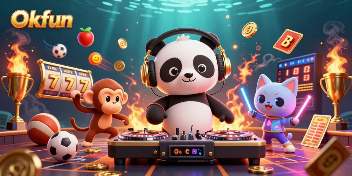 Experience the excitement of Okfun with a DJ panda, breakdancing monkey, and vibrant casino elements.