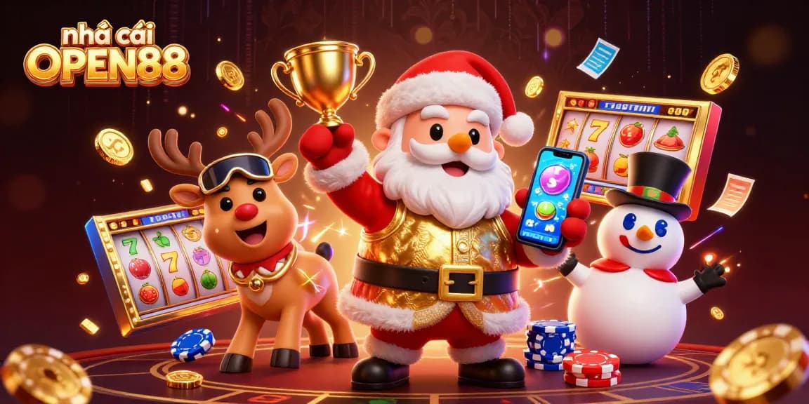 Experience the excitement of nhà cái OPEN88 with Santa, reindeer, and a snowman celebrating jackpots!