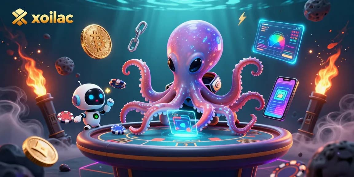 Xoilac delivers an engaging gambling experience with an alien octopus gaming at a holographic poker table.