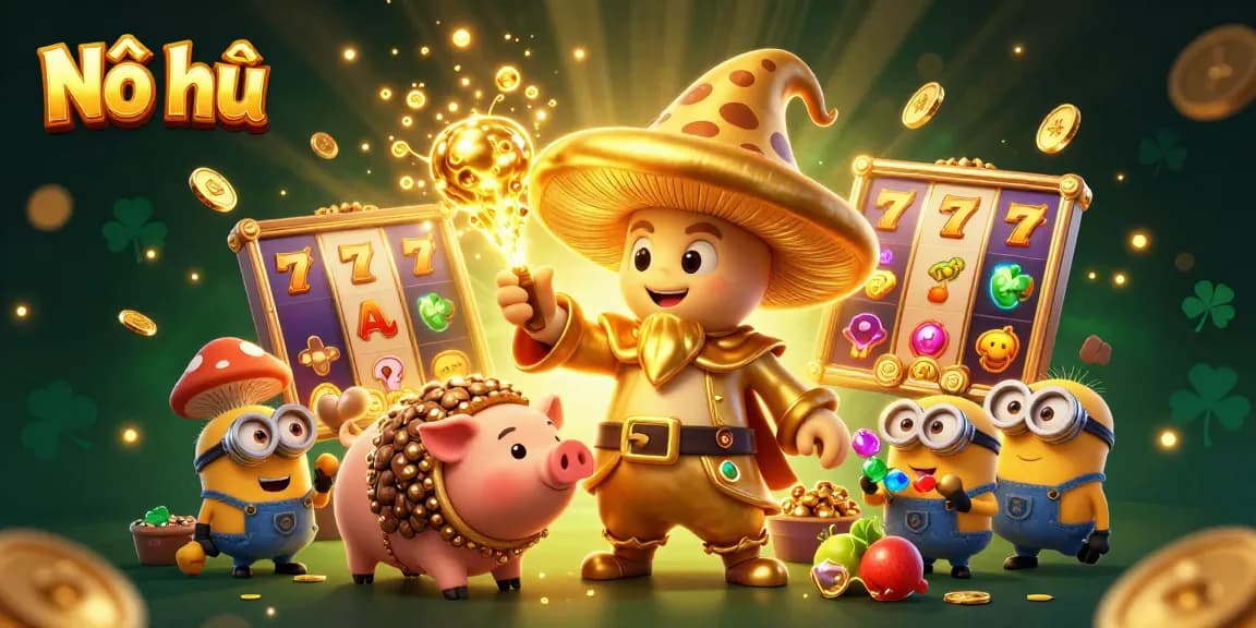 Nổ hũ jackpot scene with a magical mushroom wizard and treasure elements for exciting gameplay.