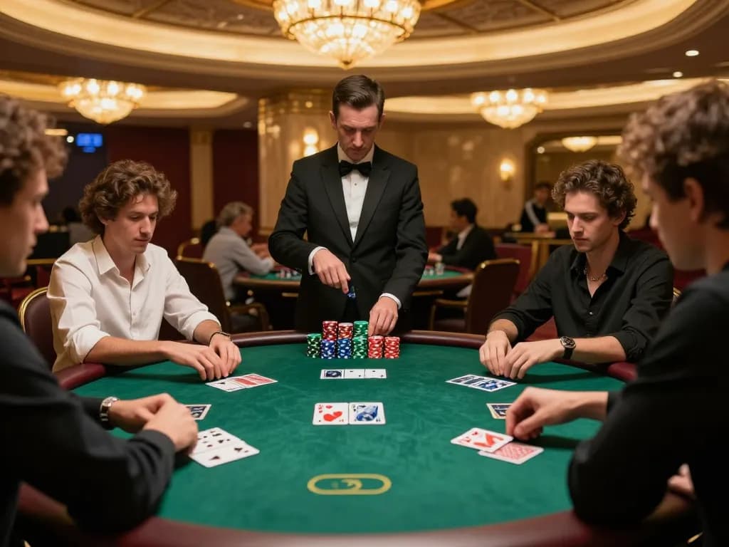 Players engaged in a poker game at 98win casino, showcasing strategic decision-making and colorful chips.