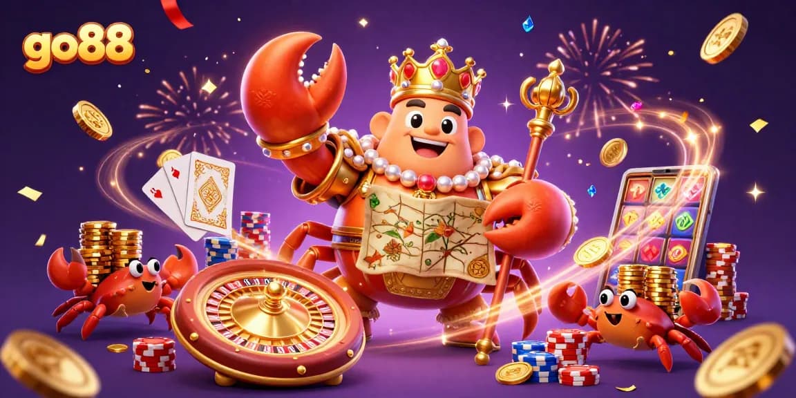 Experience exciting wins with go88 in a vibrant casino scene featuring a golden crab emperor.
