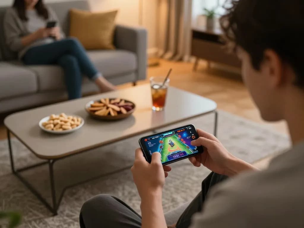 Player enjoying NHATVIP mobile gaming experience in a cozy living room