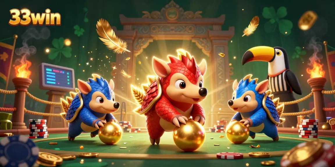 33win rivals compete in epic casino showdown, featuring pangolins, poker chips, and golden elements.