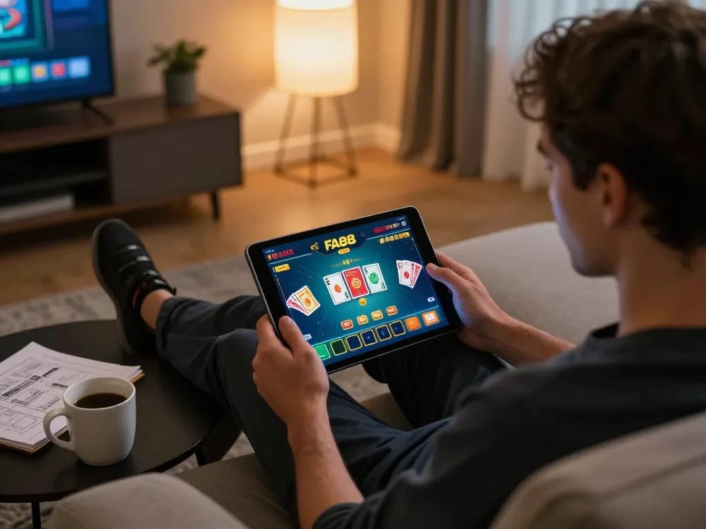 FA88 app gameplay on tablet in a cozy home environment, showcasing immersive online gaming experience
