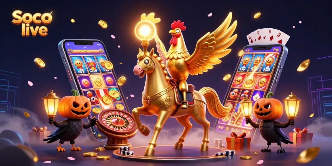 Win big with Soco live as a golden rooster and crows animate a vibrant casino scene.