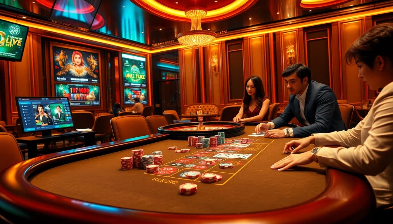 Exciting casino scene featuring SC88COM’s vibrant poker table with players and betting options.