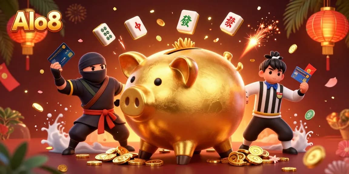 Alo8 showcases a vibrant casino scene with golden piggy bank and lucky symbols celebrating wins.