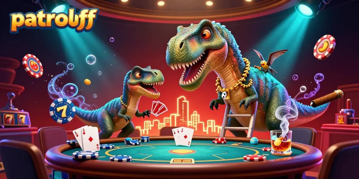 Engage with the playful casino excitement of patroloff, featuring a giant brontosaurus overseeing a poker game with vibrant slot symbols.