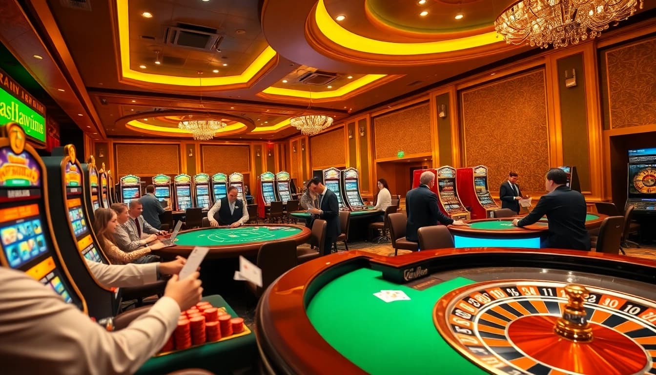 Haywin casino experience showcasing players at poker tables, vibrant slot machines, and a roulette wheel.
