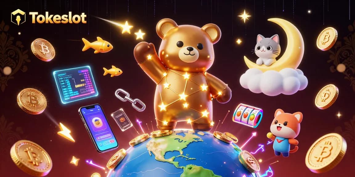 Tokeslot illuminates the cosmos with a golden constellation bear and shimmering rewards in a vibrant casino scene.