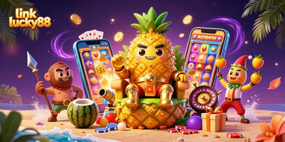 Play exciting slots with link lucky88 at a vibrant beach casino illustration.
