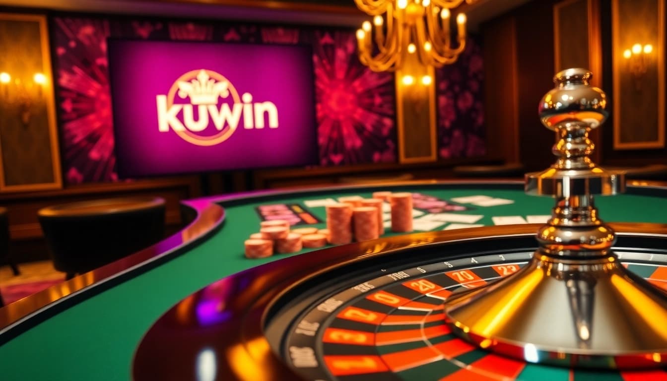 Experience the thrill of Kuwin with a vibrant casino scene showcasing poker chips and a roulette wheel.