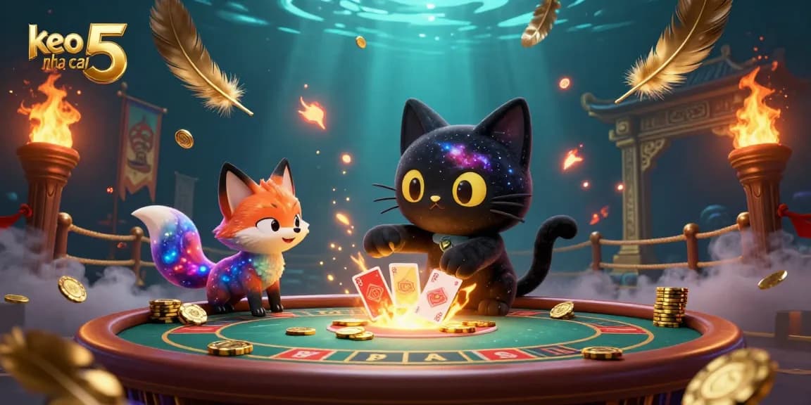 Experience the thrilling cosmos of "keo nha cai 5" as a black hole cat draws in golden casino chips and cards.