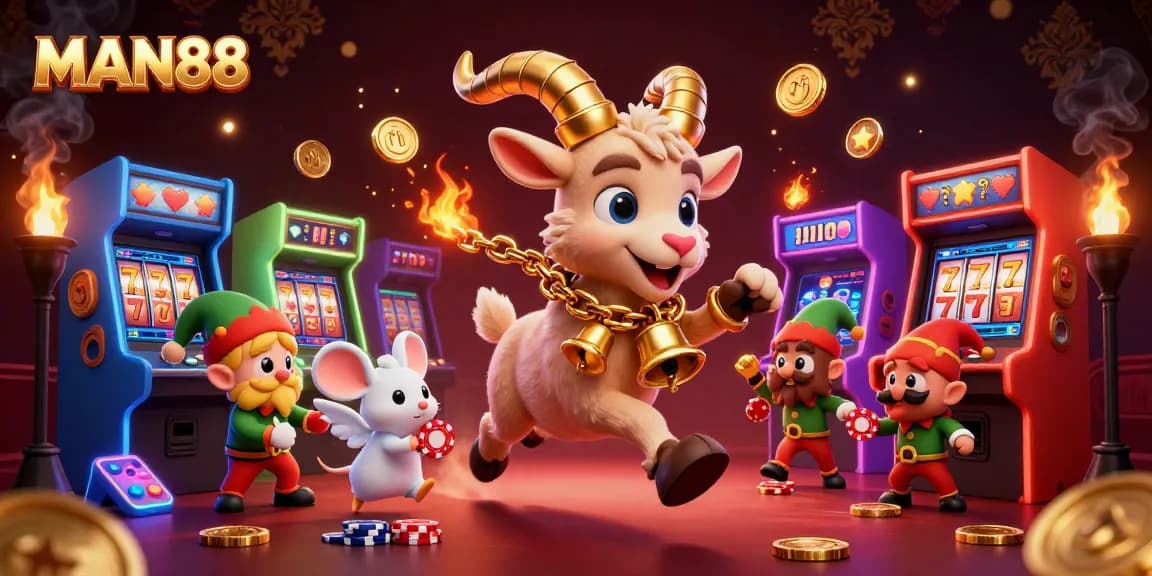Win big with MAN88 in a festive casino scene filled with slots, gold coins, and playful characters.