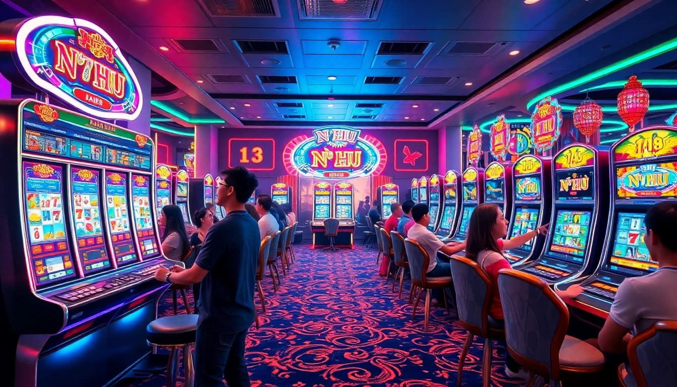 Nổ Hũ slot machines in an exciting casino game room with diverse players celebrating wins.