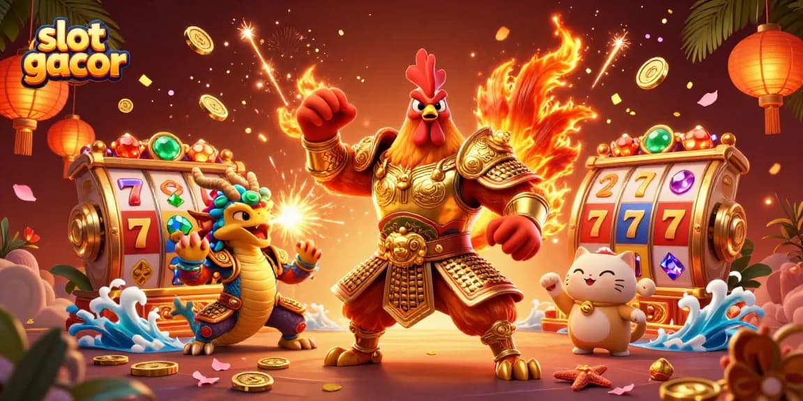 Experience winning at slot gacor with an energetic scene of a rooster warrior and dragon hatchling
