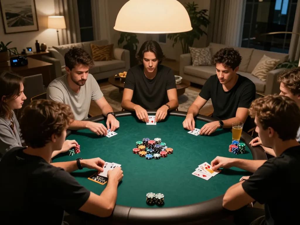 Rokok88 players strategizing during a lively home poker night.
