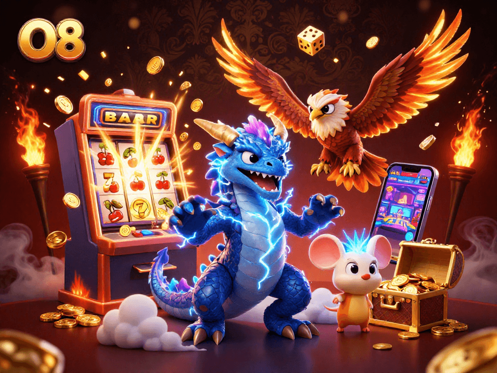 Play with O8's thrilling casino adventure featuring a stunning dragon and a jackpot bonus!