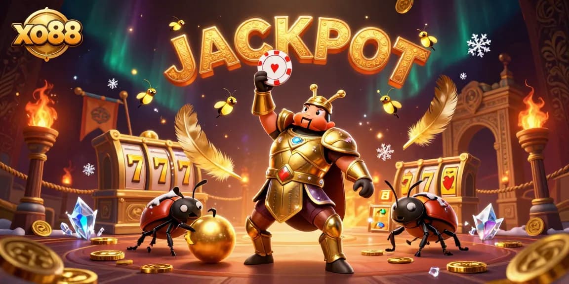 xo88's vibrant 3D casino illustration showcasing a heroic beetle celebrating with a jackpot poker chip.