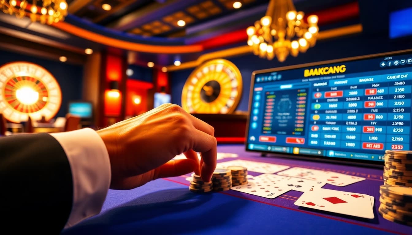 Experience the thrill of BJ88 live betting with a luxurious casino setup showcasing poker and roulette.