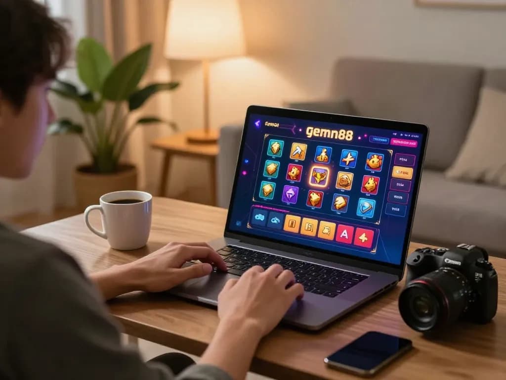Engaging gaming moment at home with gem88 casino app visible on laptop, showcasing online betting.