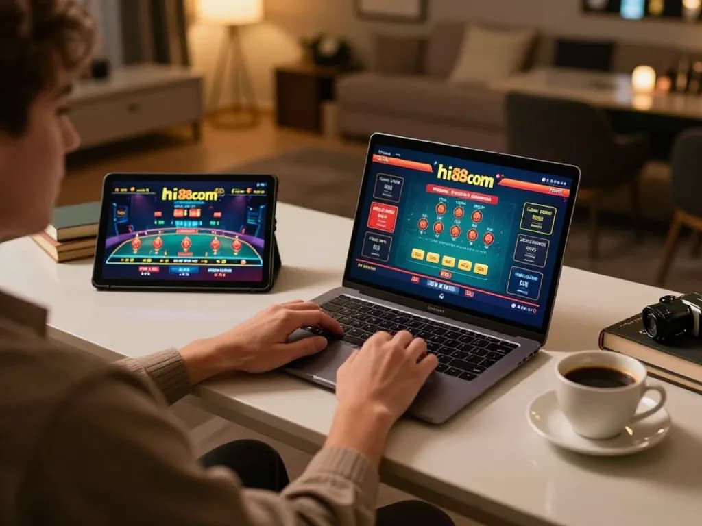 Engaging online gaming session at hi88com, player enjoys blackjack while strategizing.