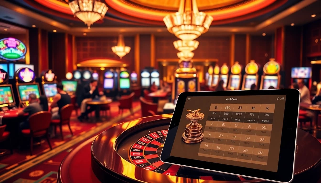A thrilling casino scene showcasing an elegant roulette wheel and vibrant slot machines, emphasizing the AF88 link for online gambling excitement.