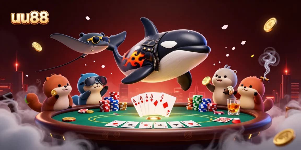 uu88 features an orca, stingray, and otters enjoying a vibrant poker scene